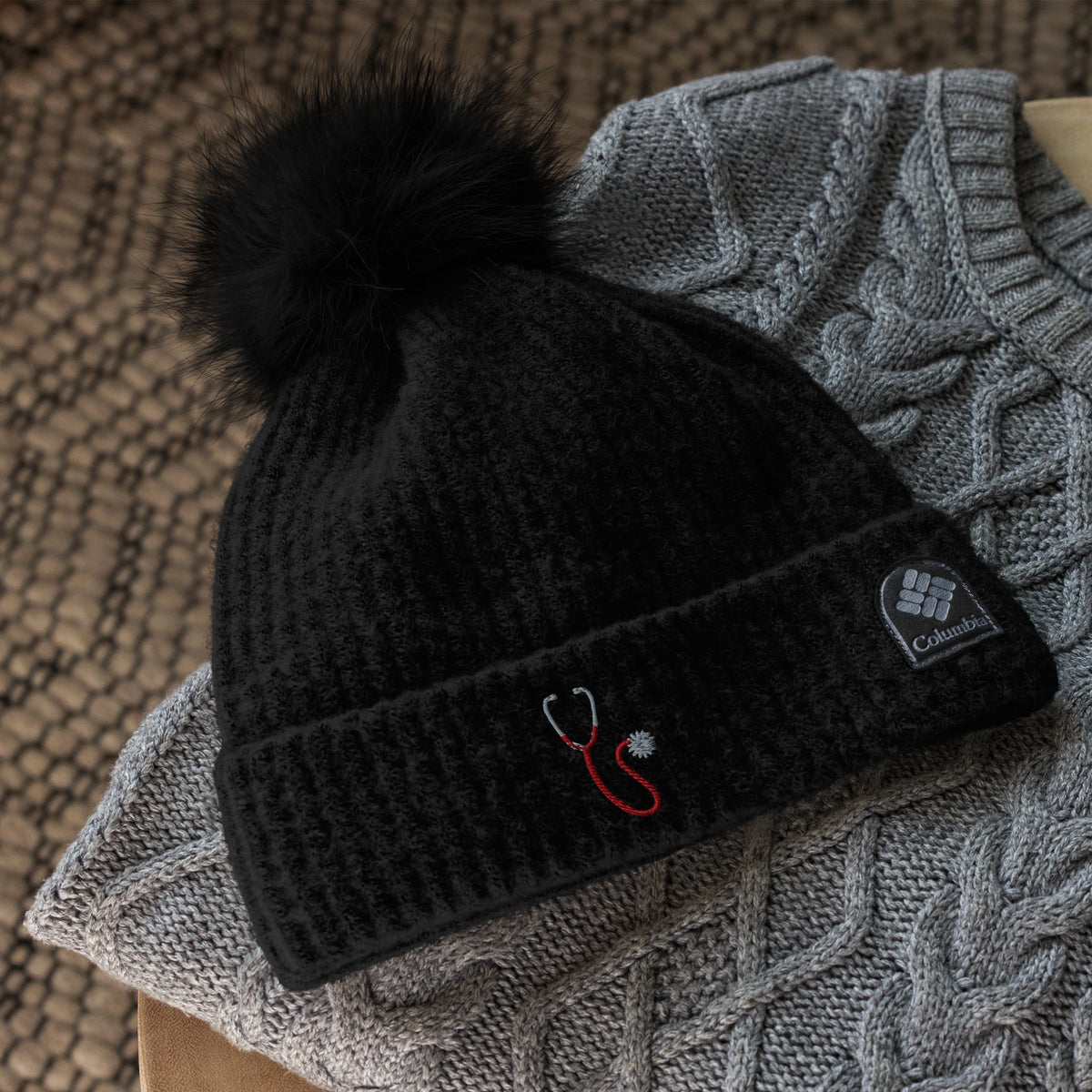Spurrin' Scrubs- Columbia pom-pom beanie